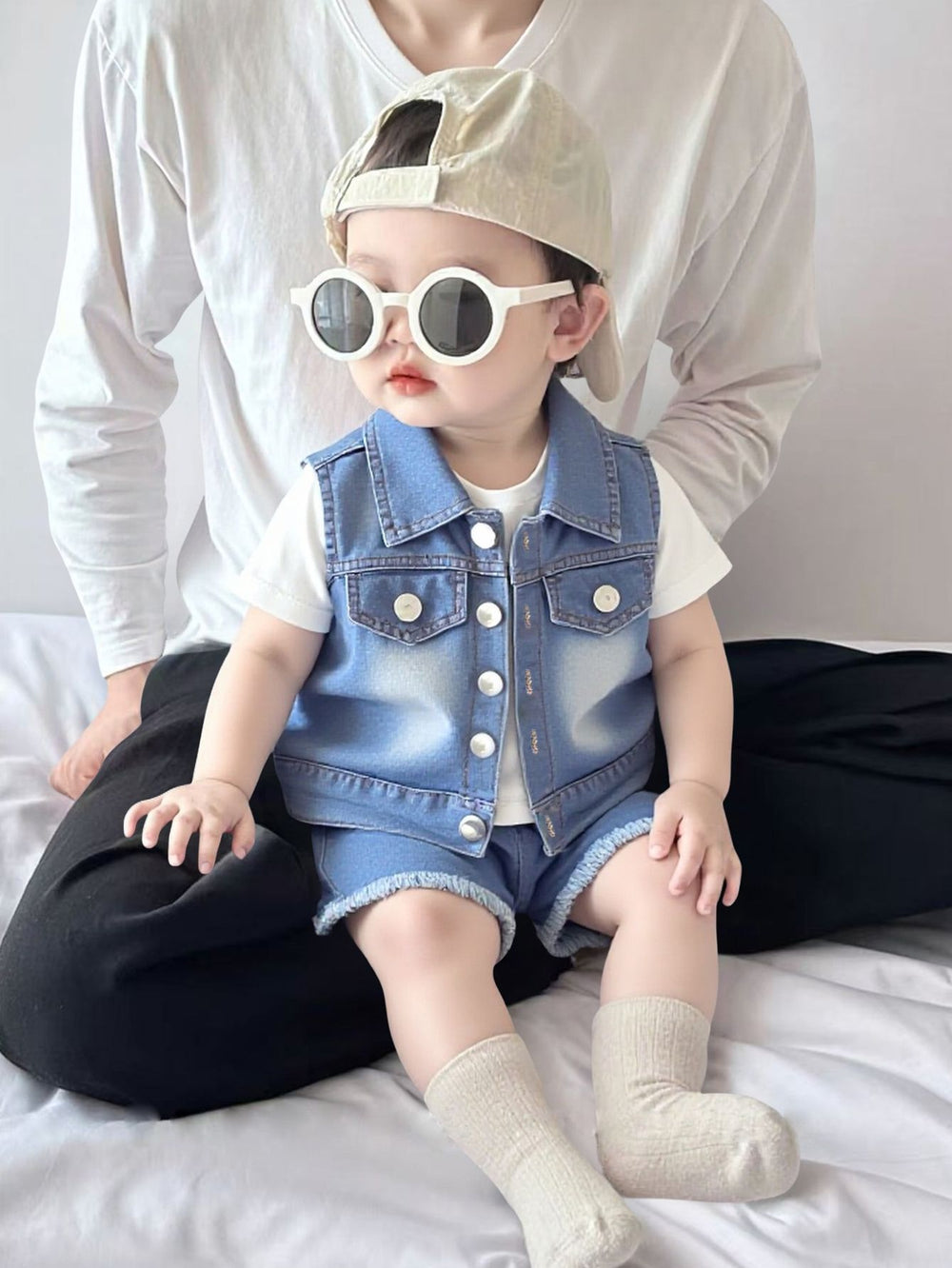 new cross-border boy's denim vest + denim shorts set with crew neck tee - 3-piece outfit