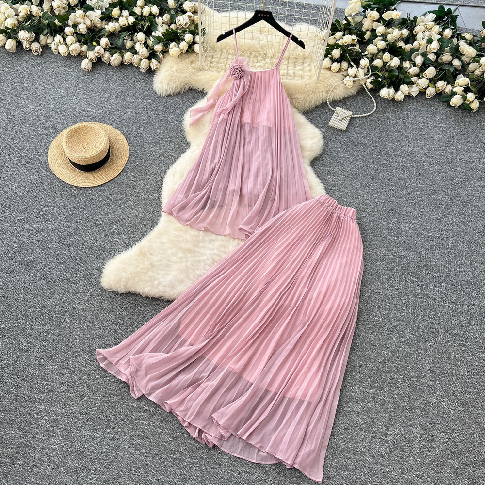 Vacation outfit: women's summer ins style - soft & elegant 3d floral cami top with pleated chiffon skirt & high-waisted, flowy midi skirt