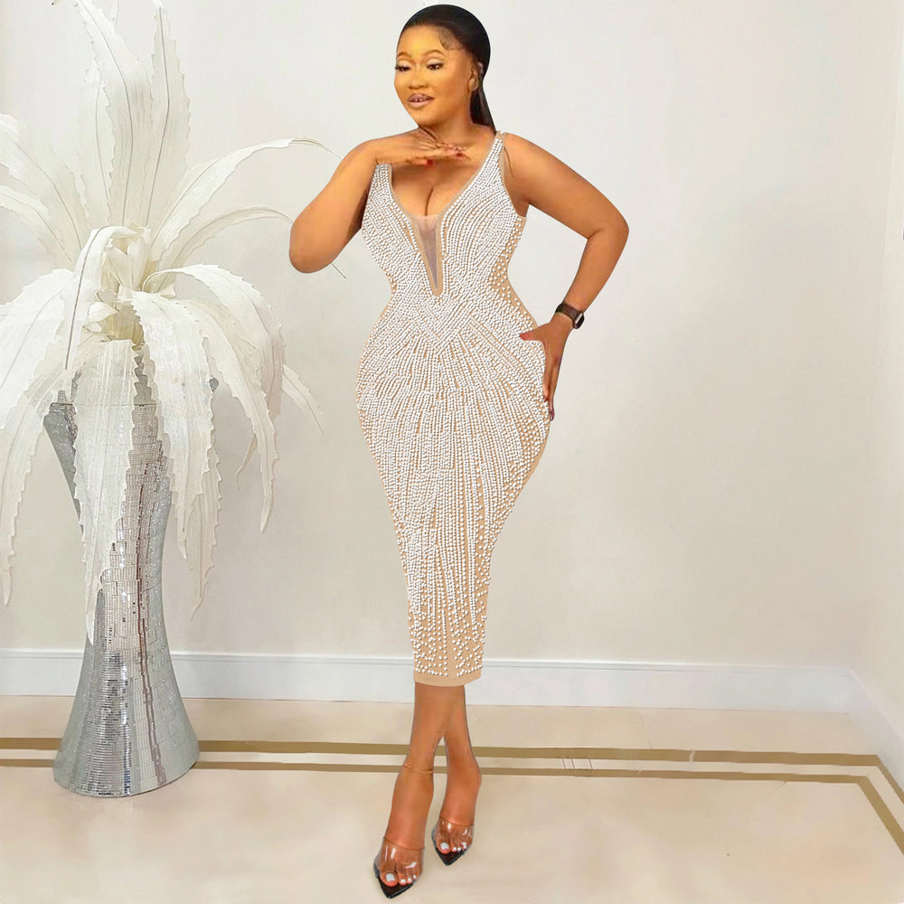 C5808 cross-border new arrival:  &  fashionable women's sexy bodycon v-neck rhinestone embellished camisole dress for us & european markets