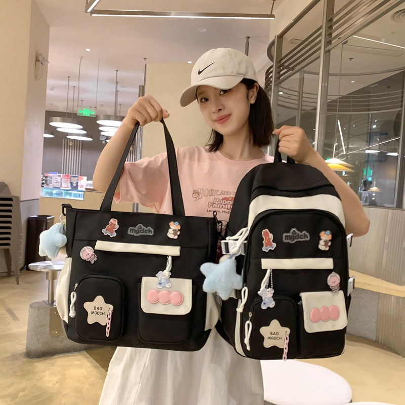 New schoolbag for girls, junior high school students, large-capacity backpack, versatile burden reduction, fashion trend, two-piece schoolbag