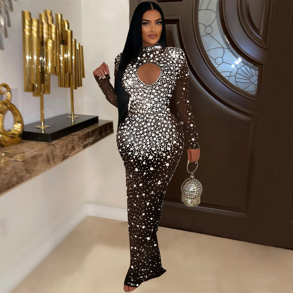C6993 cross-border   independent station fashionfashion women's round neck hot diamond dress long skirt new