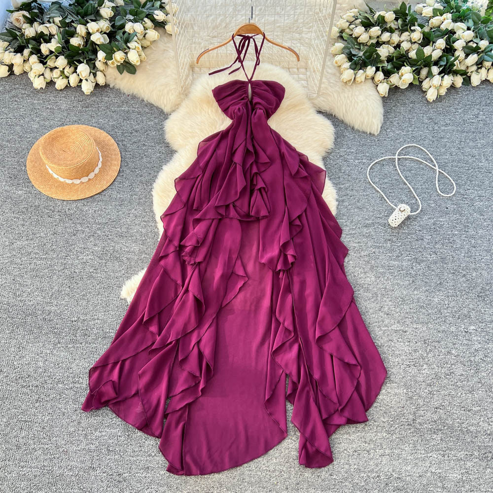 Vacation style halterrufflesdress women's summerk-style high waist a-line asymmetrical long skirt work clothing outfit