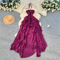 Vacation style halterrufflesdress women's summerk-style high waist a-line asymmetrical long skirt work clothing outfit