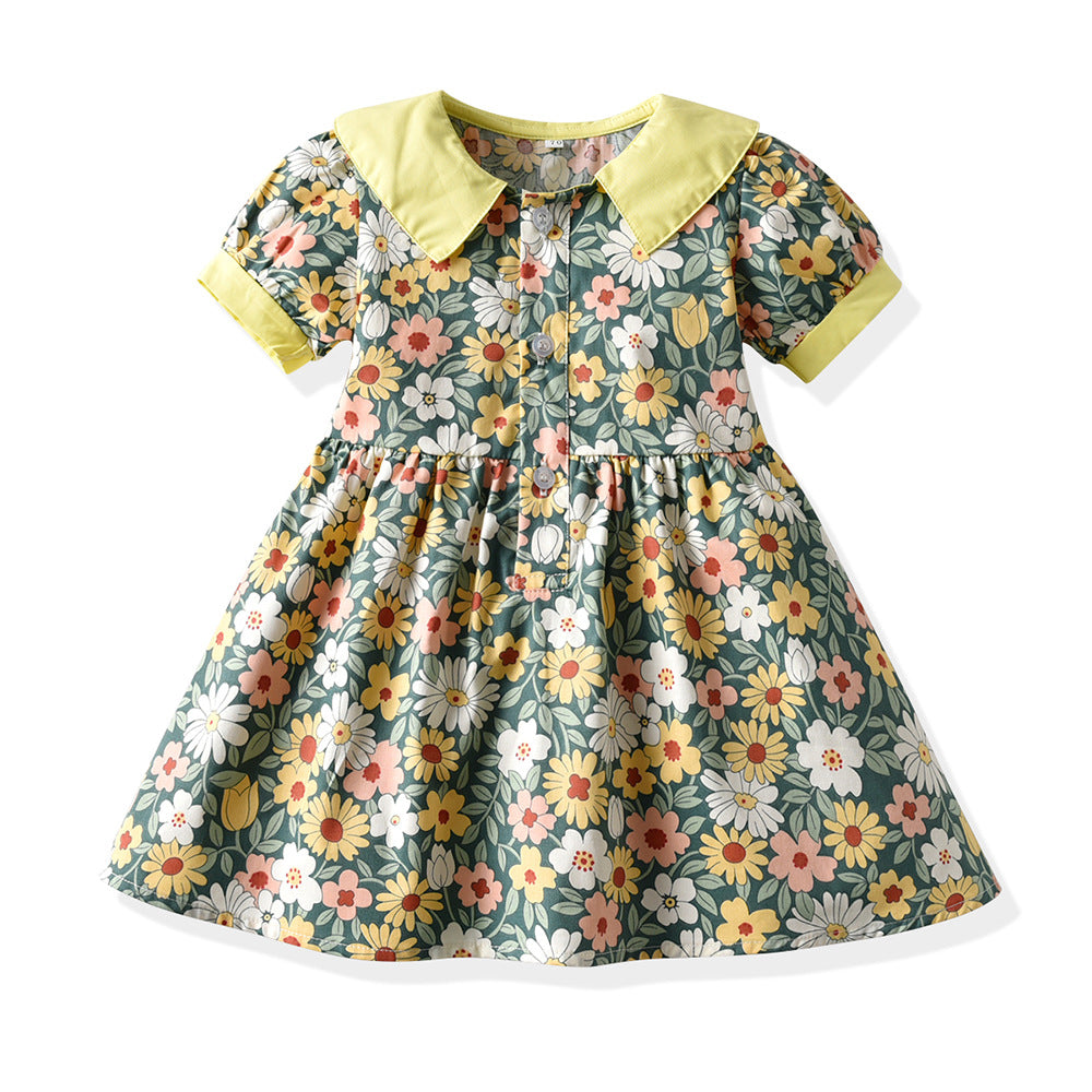 Girls' floral print cotton dress with straw hat - vintage-inspired, chic, and sweet