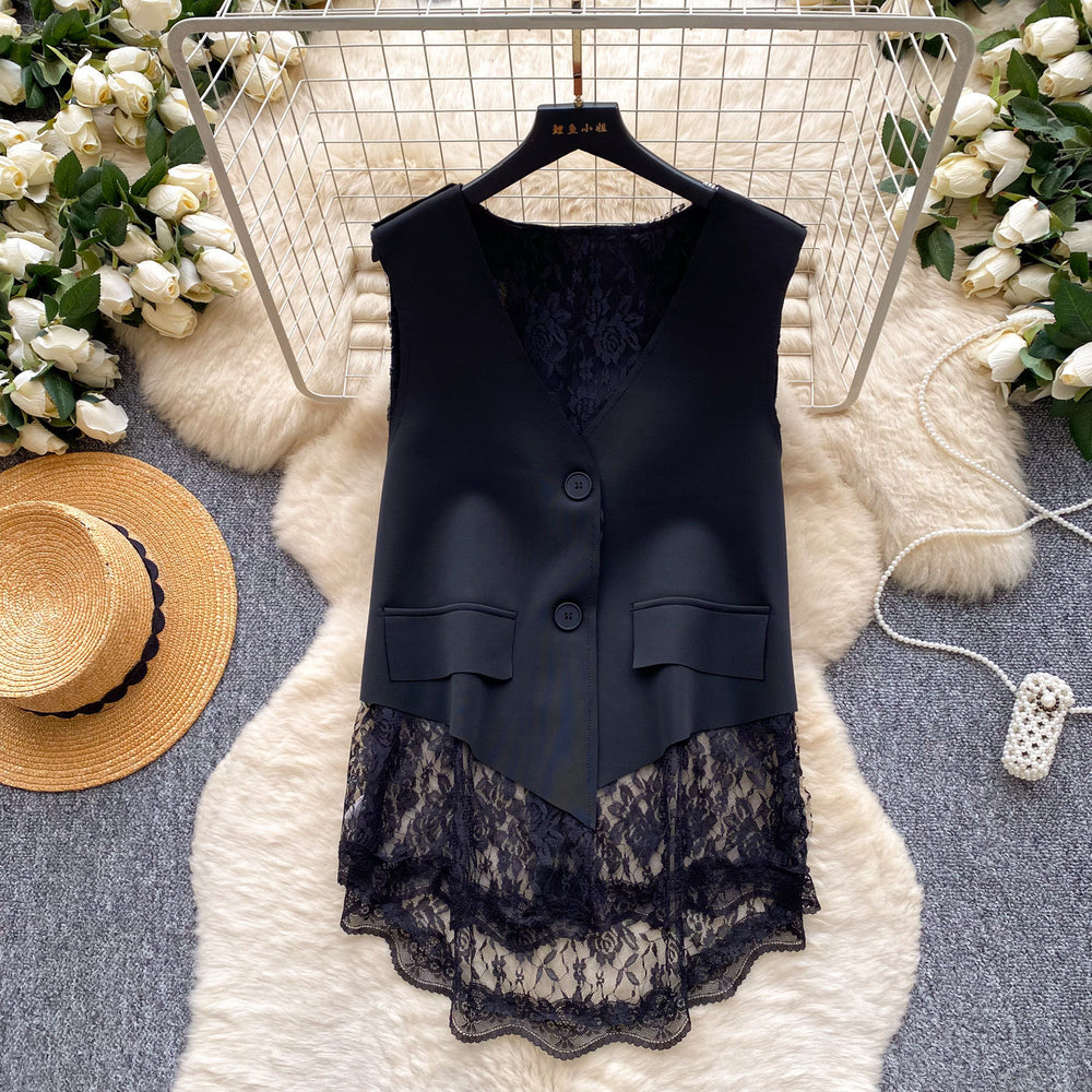 spring new lace trim v-neck sleeveless tank top - women's summer commute style slimming design vest