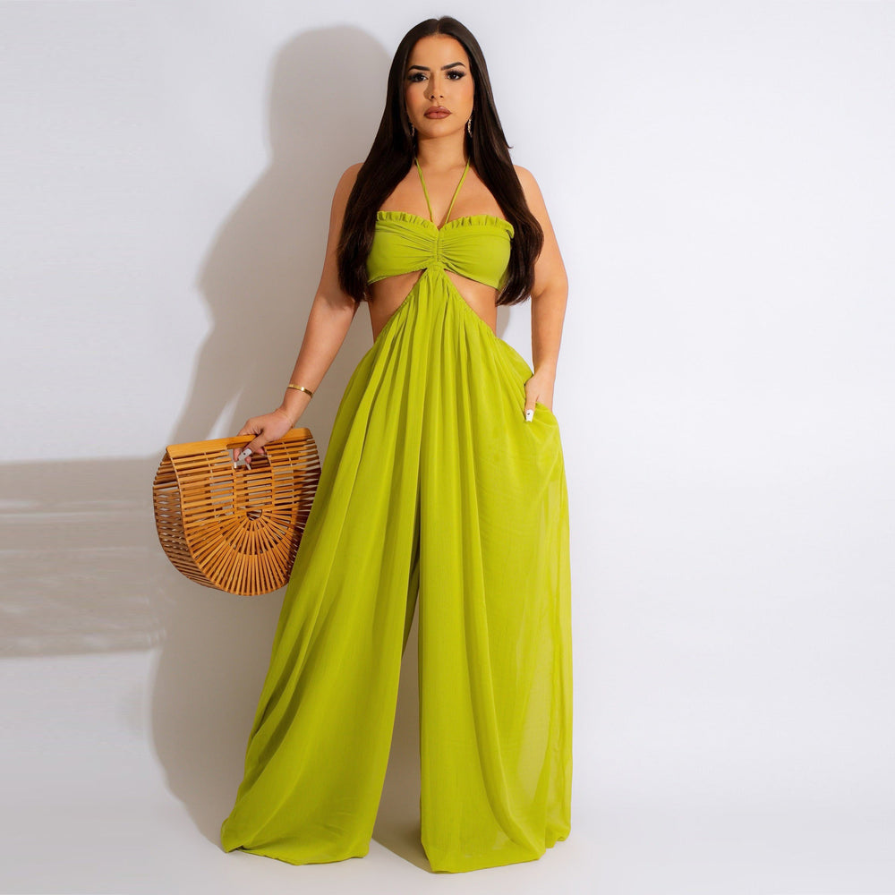 e-commerce source factory  hot selling sexy chiffon chest-wrapped backless wide-leg jumpsuit european and american women's clothing