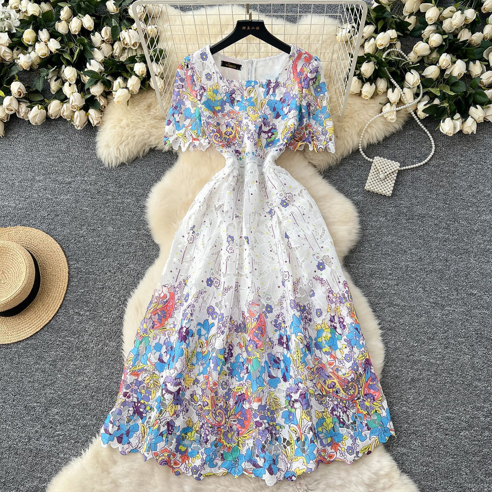 French high-end women's dress - summer  collection: slimming, elegant, and fashionable printed hollow-out crochet lace dress