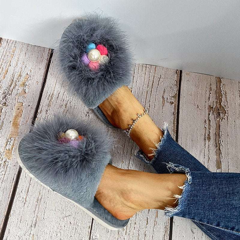 Furry slippers women's indoor and outdoor 2024 fall and winternew arrivalpopular flat heel pearl toe real hair heattech cotton slippers women