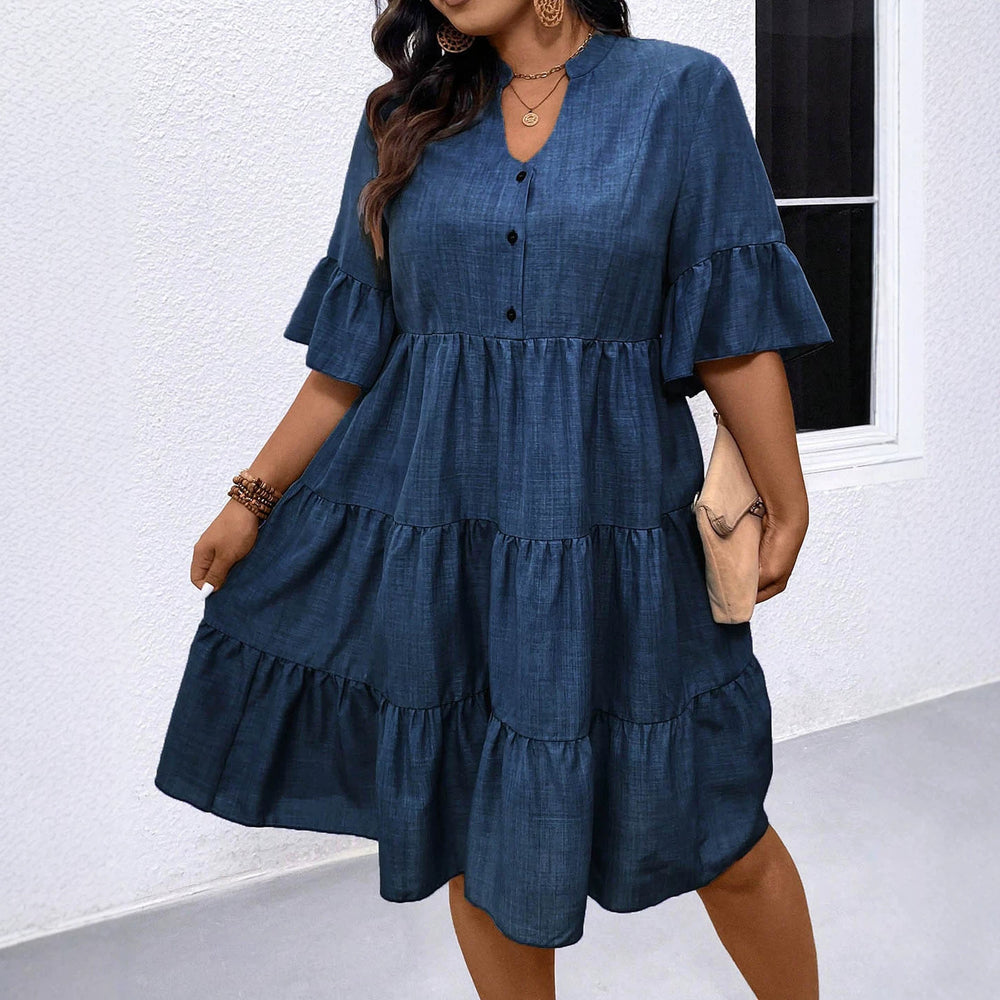 plus sizecasual skirt stand collar small v placket bell sleeves multi-layer patchwork loose imitation denim