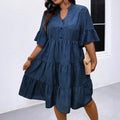 plus sizecasual skirt stand collar small v placket bell sleeves multi-layer patchwork loose imitation denim
