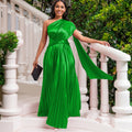 D407 independent station export women's clothing  new one-shoulder pleated long skirt oblique collar waist dress fashiondress