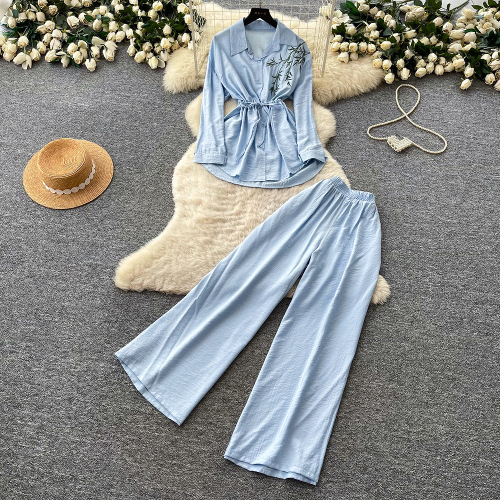 Light mature style zen bows strappy waist shirt women's spring autumhigh waistloose pantstwo-piece setautumwork clothing