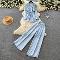 Light mature style zen bows strappy waist shirt women's spring autumhigh waistloose pantstwo-piece setautumwork clothing