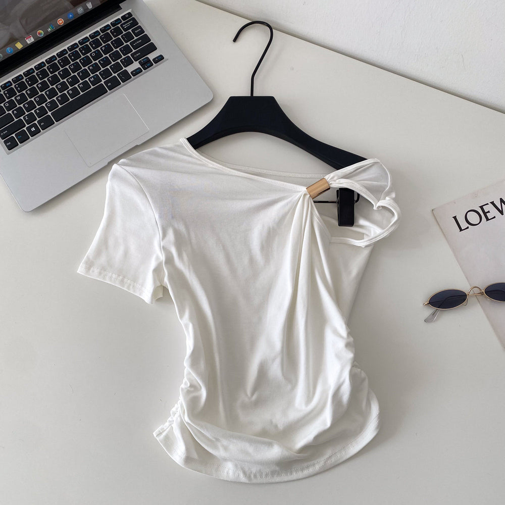 Korean style commute chic one-shoulder twist knot minimalist short sleeve t-shirt - women's summer loose fit, slimming design with ruched detail