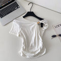 Korean style commute chic one-shoulder twist knot minimalist short sleeve t-shirt - women's summer loose fit, slimming design with ruched detail