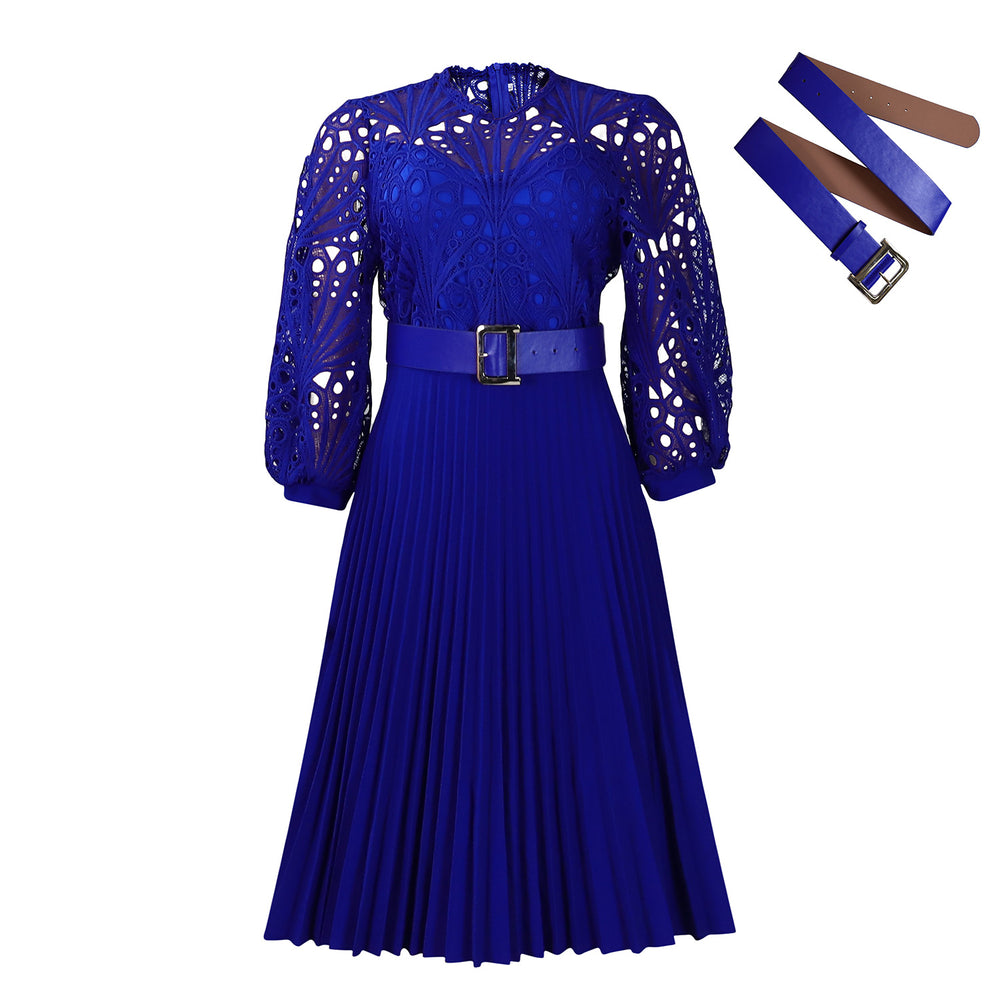 C8595 european and american export women's clothing  new arrival elegant solid color lace crochet hollow-out pleated cross-border dress