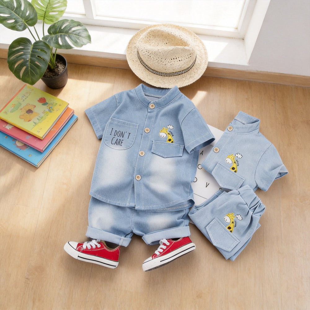 New korean style kids' denim short sleeve set - cartoon deer print shirt + shorts - wholesale boys' clothing