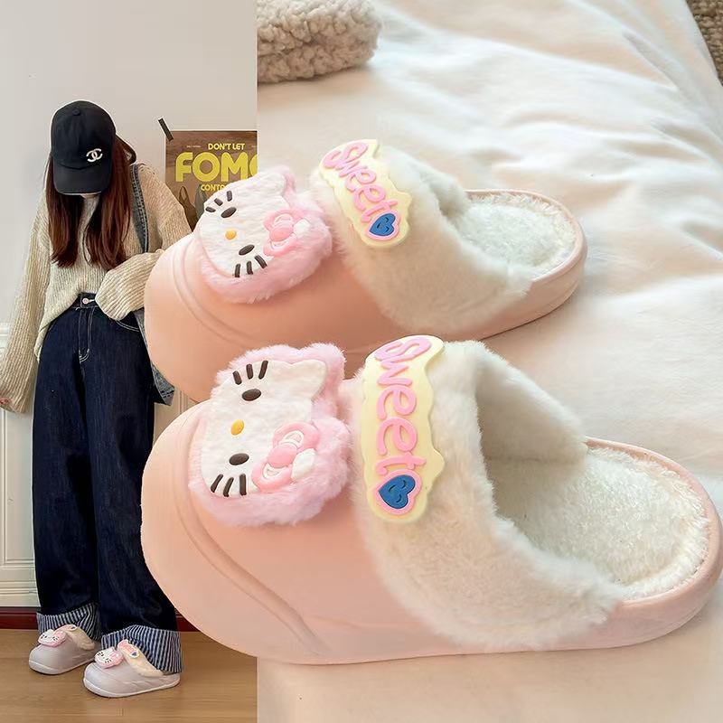 New arrivalwinterheattech detachable cotton slippers for women popular cartoon kt cat dopamine style durable princess cotton shoes