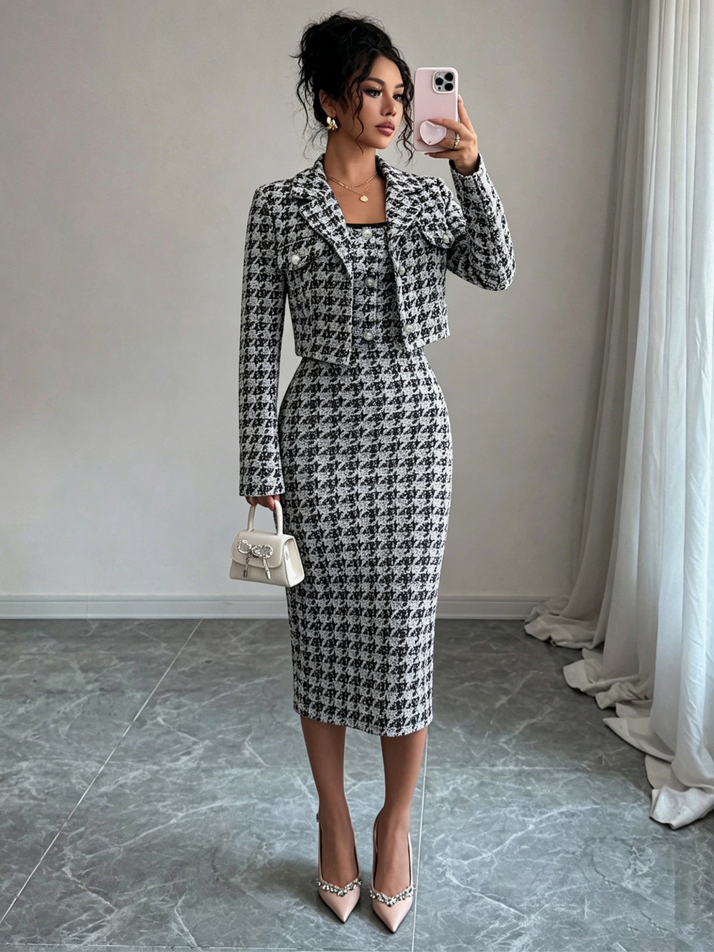 Exportfashionaccessible luxurywork clothing bouclé suitlong sleeves lapelshortoutwearmatching silm suspender slimming look skirt