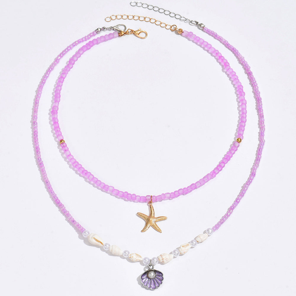 Wholesale sweater accessories necklace - european and american cross-border ins style shell alloy choker with purple seed bead layered necklace