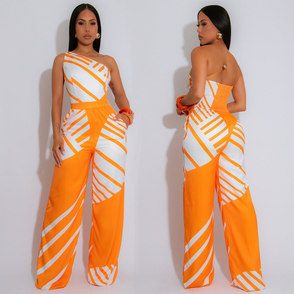 C7371 cross-border   fashion women's summer casual textured one-shoulder striped jumpsuit