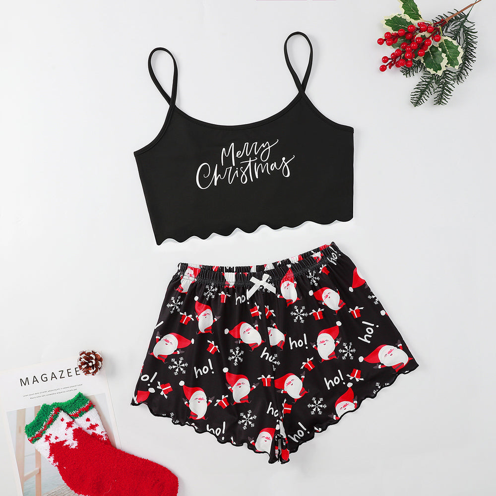hot-selling christmas european and american style thin pajamas simple printed suspender milk silk shorts sexy two-piece set