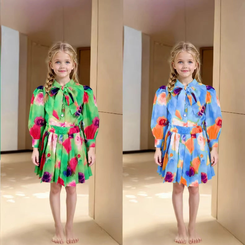 new girls' chiffon printed set: long-sleeve blouse + pleated skirt two-piece outfit