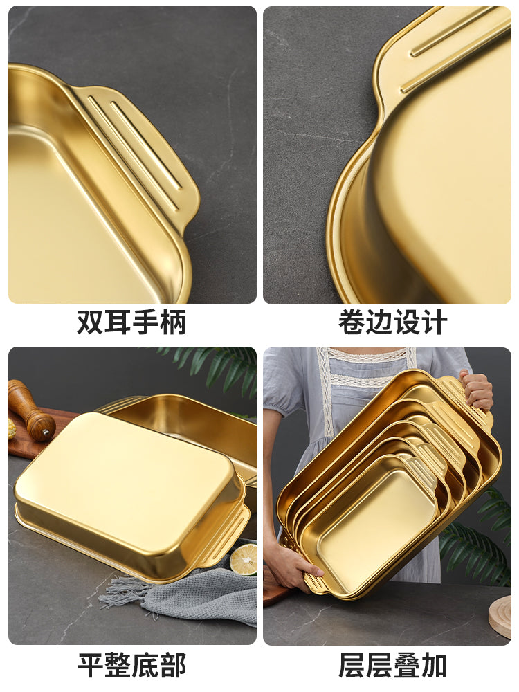 Stainless steel flat bottom thickened grilled fish plate - ideal for hotels, restaurants, seafood buffets, and commercial use. rectangular serving dish