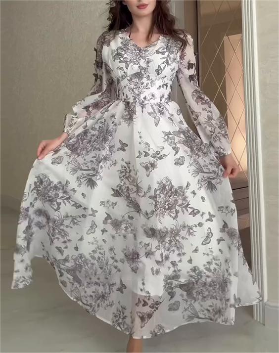 summer new arrival: european and american  high-waisted, elegant, french-style, slim-fit, long, flowy vacation dress