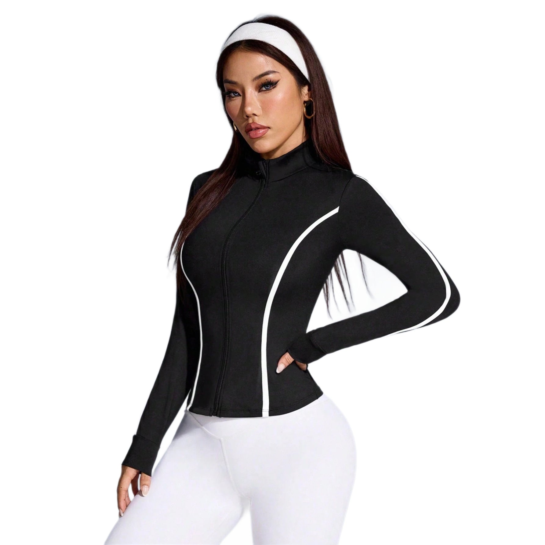 Pre-sale European and American  women's color contrast explosion stand-up collar slim and thin sports jacket comfortable breathable top jacket