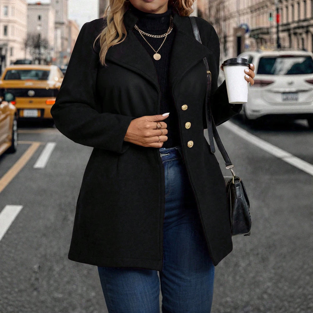 European and american style plus size vintage wool blend coat with turn-down collar, metal buckle design, slim fit, mid-length, long sleeve overcoat