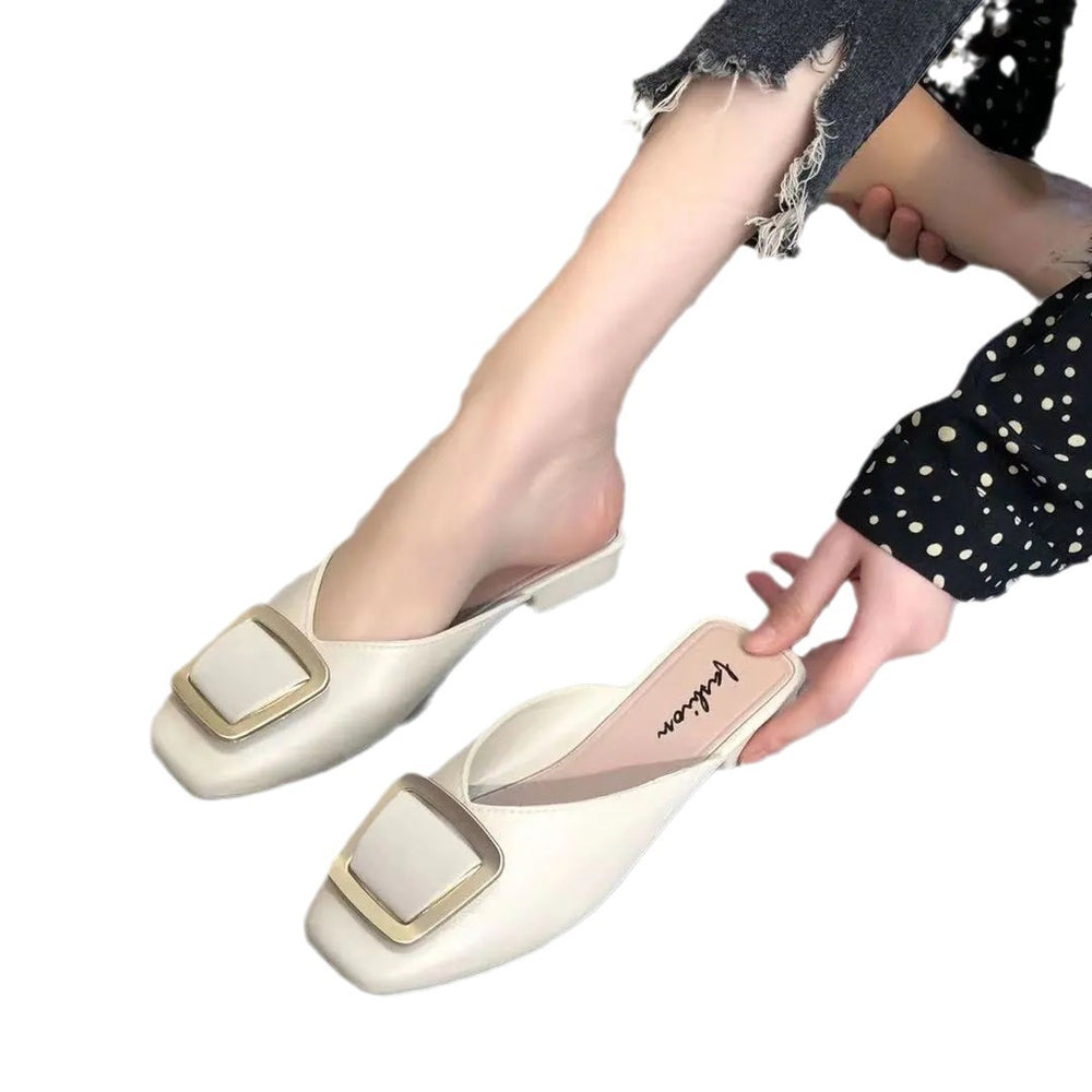 Square buckle toe half slippers women's fashionoutwear 2024new arrivalmuller flat heel buckle square toe lazy sandals women's shoes