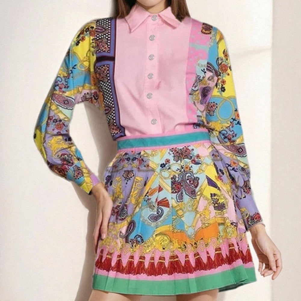 cross-border e-commerce european and american women's clothing: new summer collection - printed long-sleeve shirt and pleated skirt two-piece set
