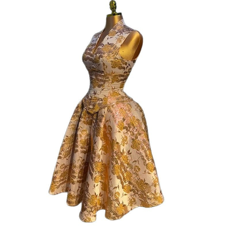 European and american cross-border women's fashion  summer new arrival: elegant retro v-neck sleeveless top and high-waisted a-line midi skirt set