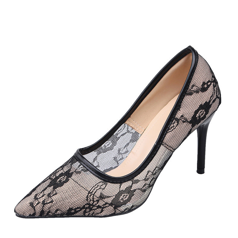 Breathable lace mesh high heels women's 2023 new summer design niche elegant pointed toe stiletto pumps