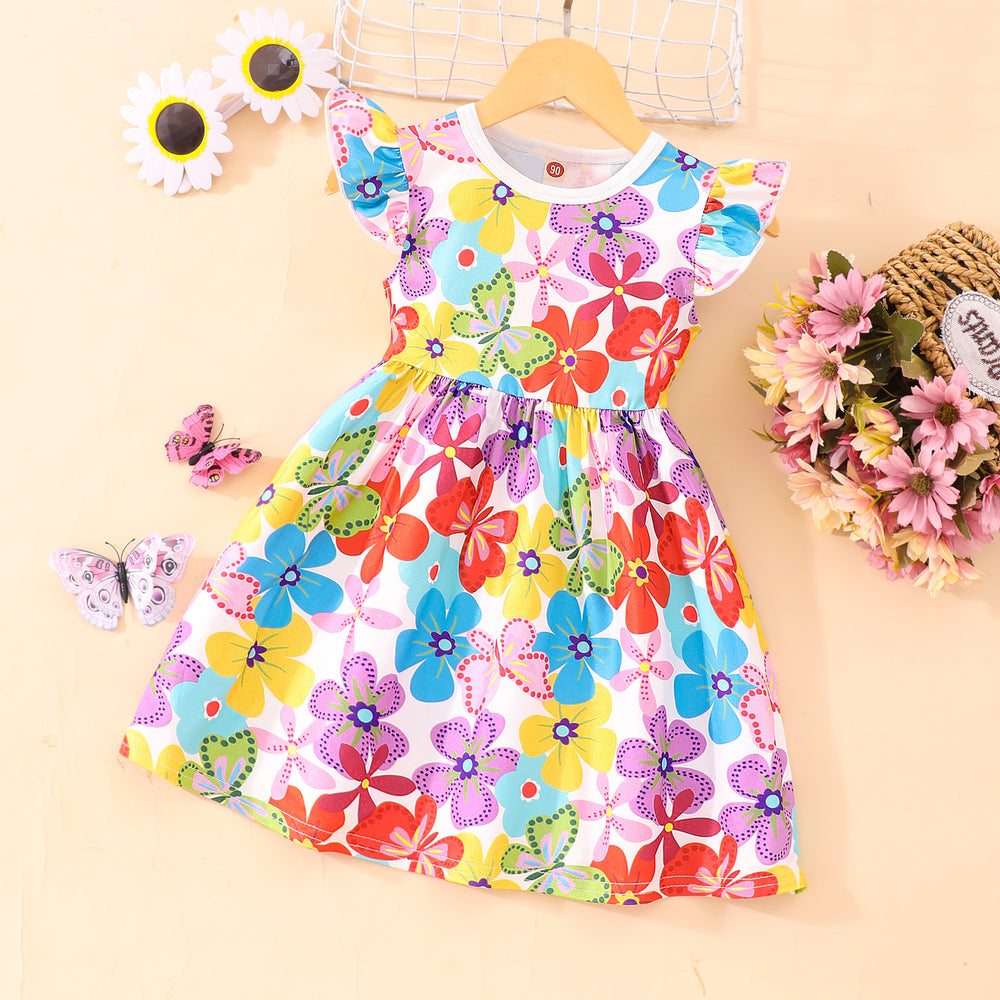 Kids' butterfly print flutter sleeve a-line dress with elastic waist - random stripe color assortment