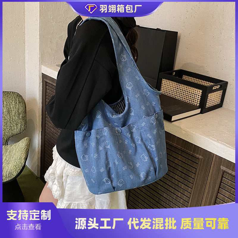 Cross-border casual lazy style denim bag women's 2025 new versatile shoulder bag college student class tote bag