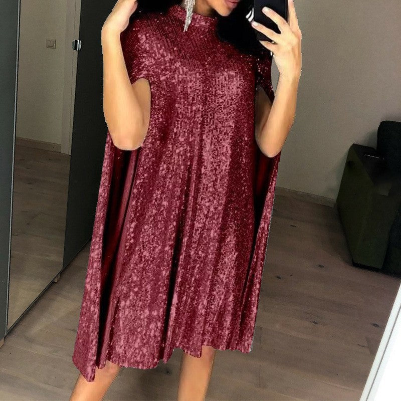 spring new    european and american foreign trade small stand collar sequin dress loose women's clothing