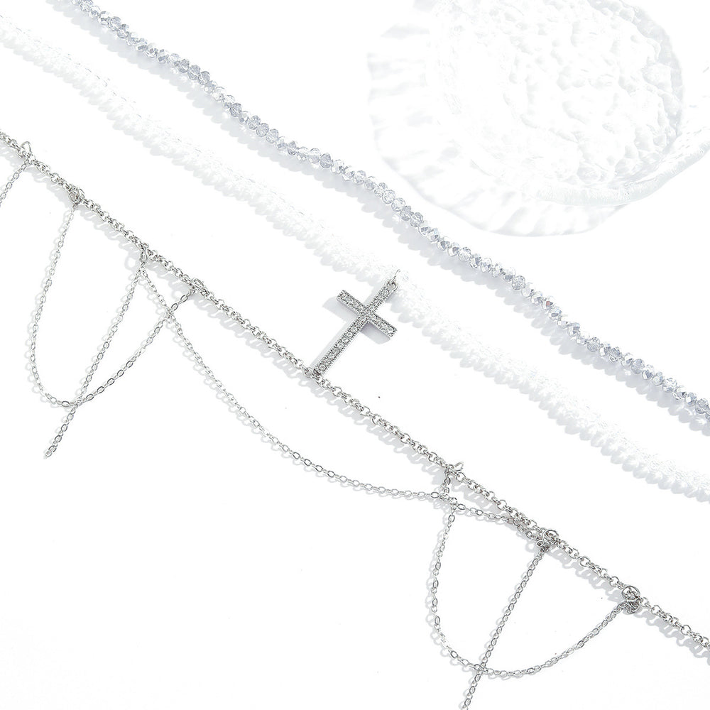 hot-selling tassel diamond-encrusted cross pendant necklace for women, niche hip-hop design, multi-layered wrapped collarbone chain