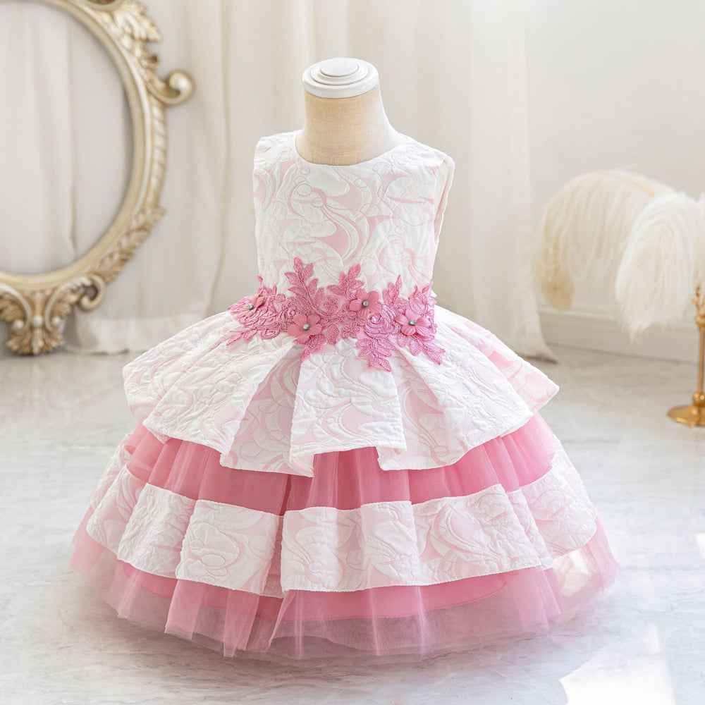 Wholesale children's dresses for export: lace floral tiered princess dress, baby girl's first birthday dress, evening gown
