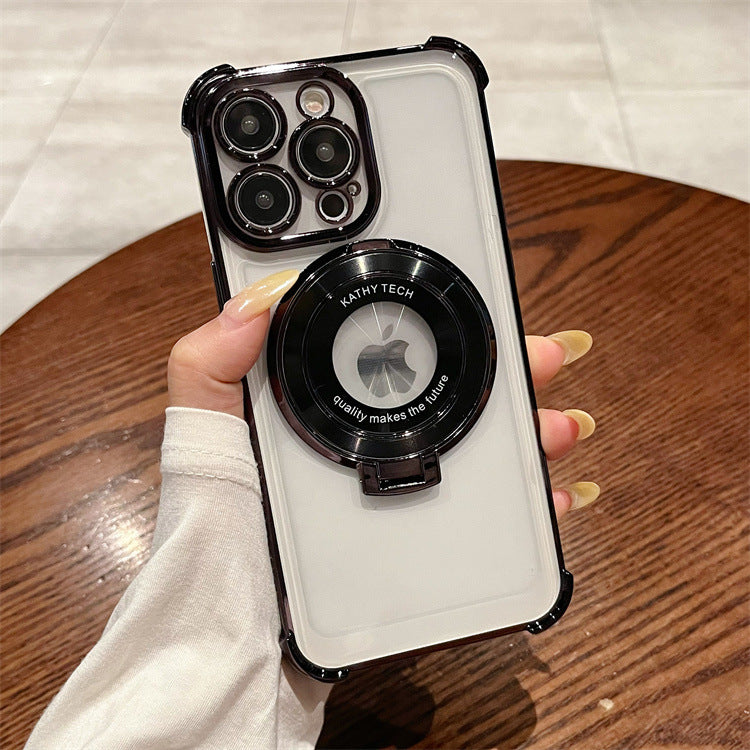 Four-corner anti-fall electroplating suitable for apple 16pro ring holder mobile phone case iphonexr/12 transparent protective cover