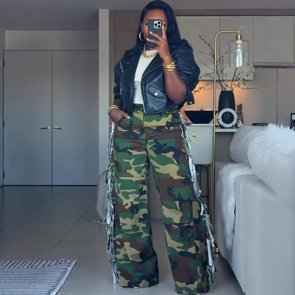 European and american style camouflage jeans -  cross-border women's fashion hot girl side frayed wide leg pants