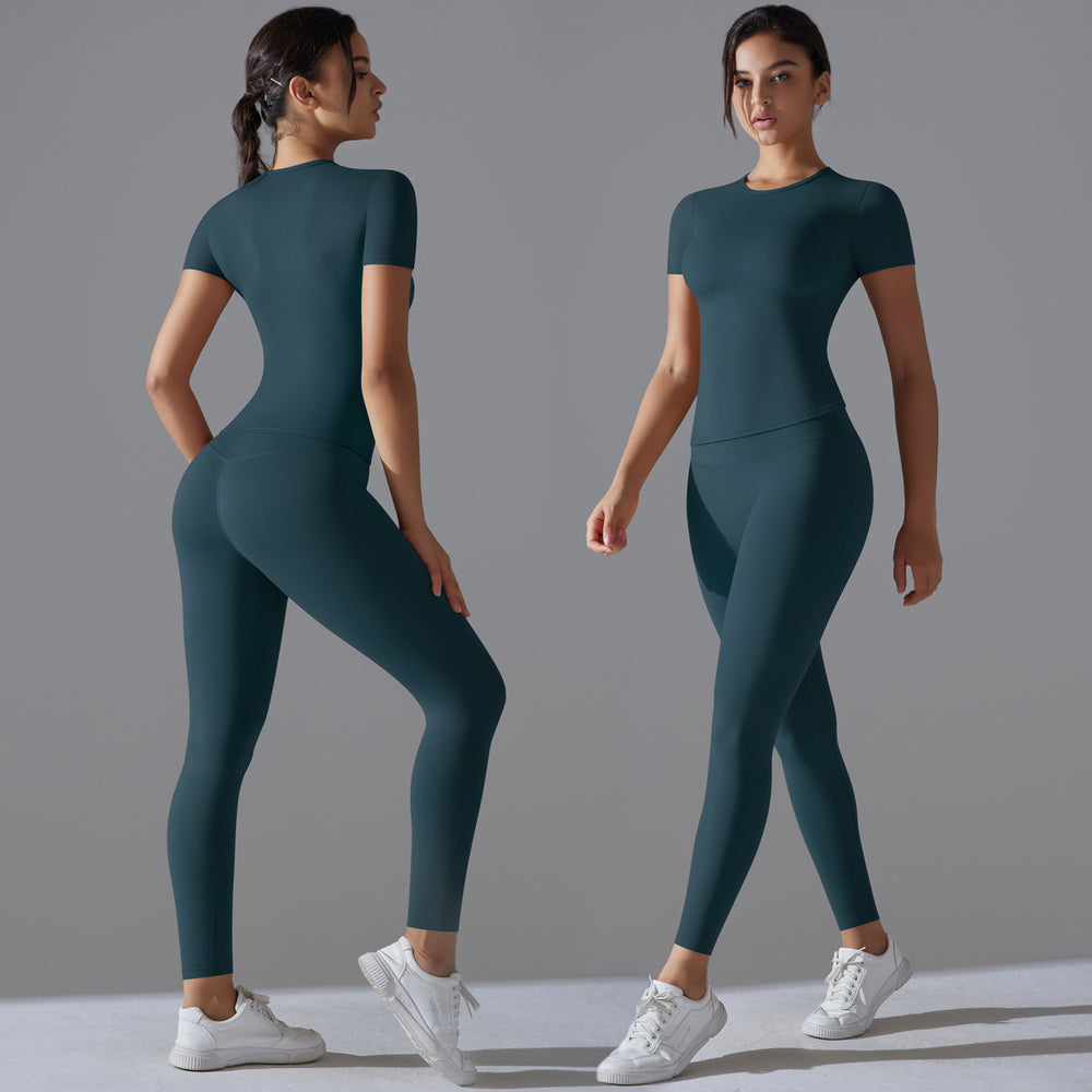new nude feel compression short-sleeve yoga set - high-waisted, butt-lifting, quick-dry running & fitness activewear two-piece