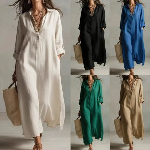 fashion spring and summer new arrivaldresspure color lapel casuallong sleevesshirt skirt lazy style cotton and linen