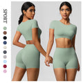 European and american nude feel quick-dry short sleeve yoga set with padded bra, compression workout training shorts, running fitness outfit