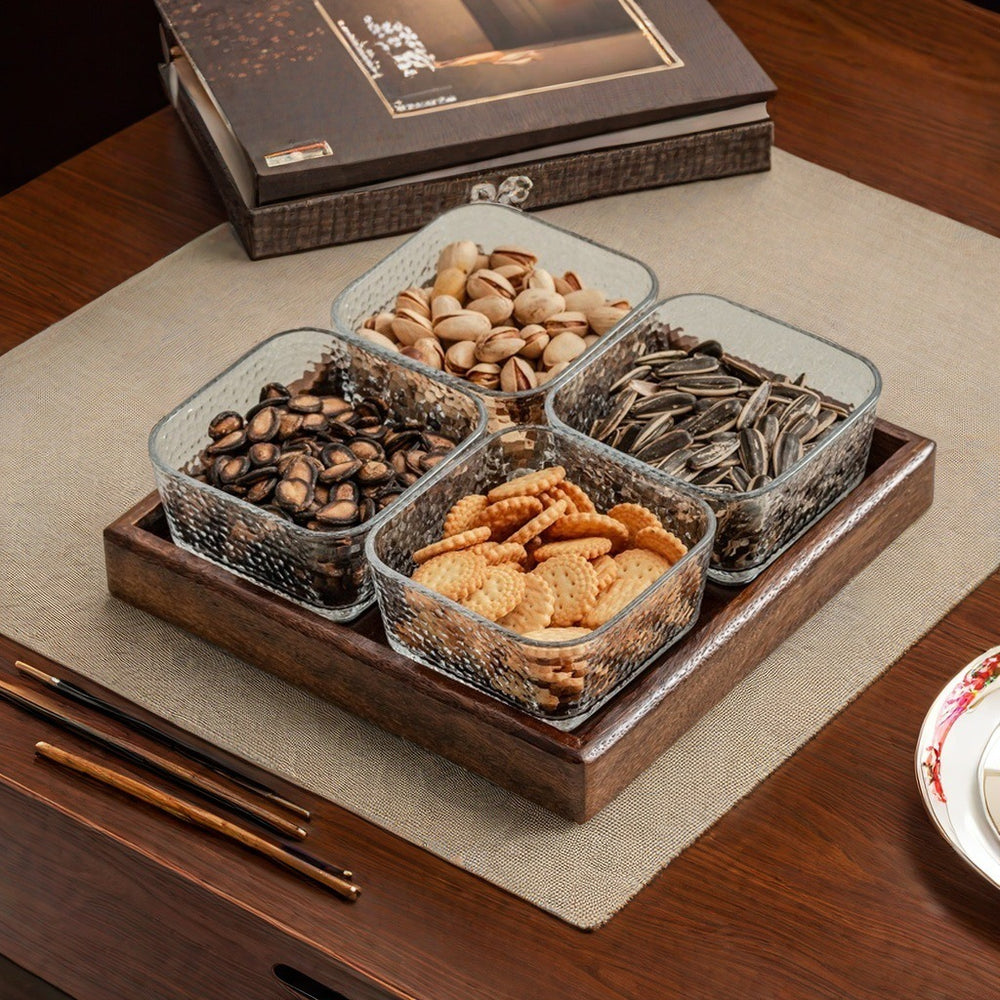 Walnut glass fruit plate living room for home high-end light luxury grid dried fruit plate new chinoiserie snack tea fruit plate