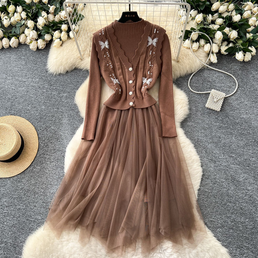 Women's fall/winter layering set: new long-sleeve knit & mesh panel dress + beaded sleeveless vest
