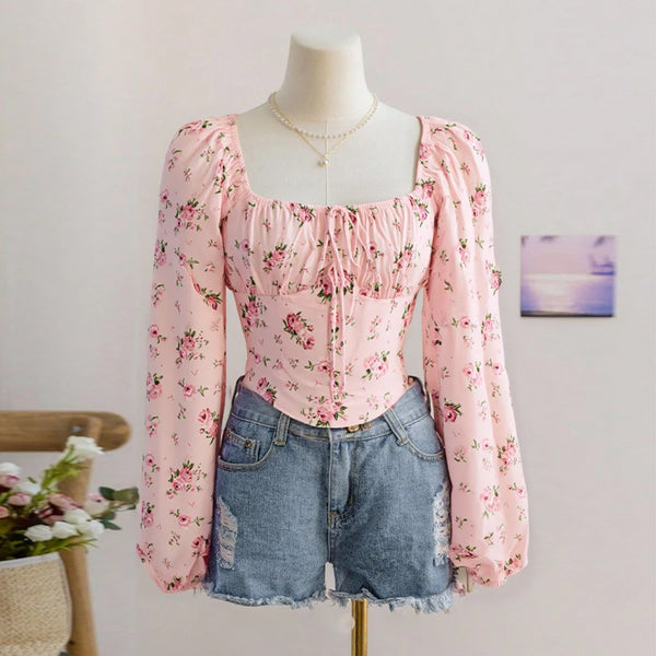 Ruiyu 2025 autumn   wish  French temperament long-sleeved shirt floral pullover top women
