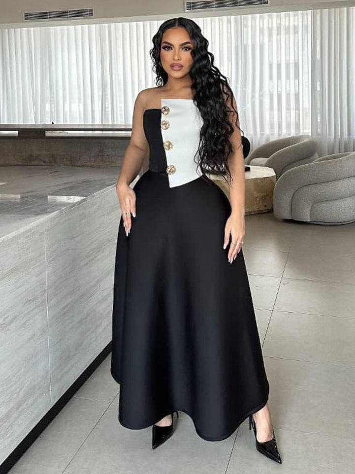 hot-selling fashion color-blocked chest-wrapped tops+high waist a-line skirt elegance light dress two-piece set women's clothing