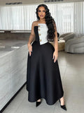 hot-selling fashion color-blocked chest-wrapped tops+high waist a-line skirt elegance light dress two-piece set women's clothing